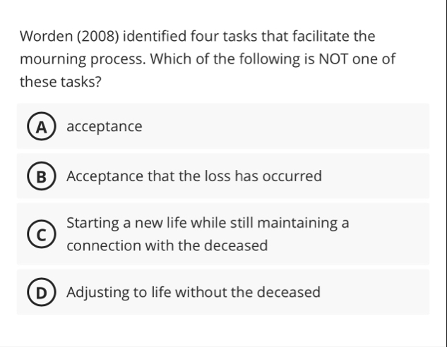 Worden ( 2 0 0 8 ) identified four tasks that