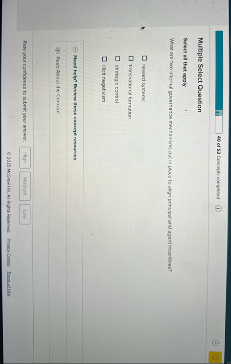 4 0 of 5 2 Concepts completed Multiple Select