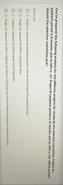 You've prepared the following analysis for two