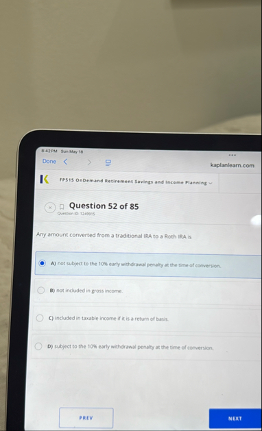 8 . 4 2 PM Sun May 1 8 Done kaplanlearn.com I FP
