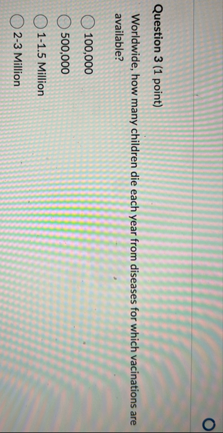 Question 3 ( 1 point ) Worldwide, how many
