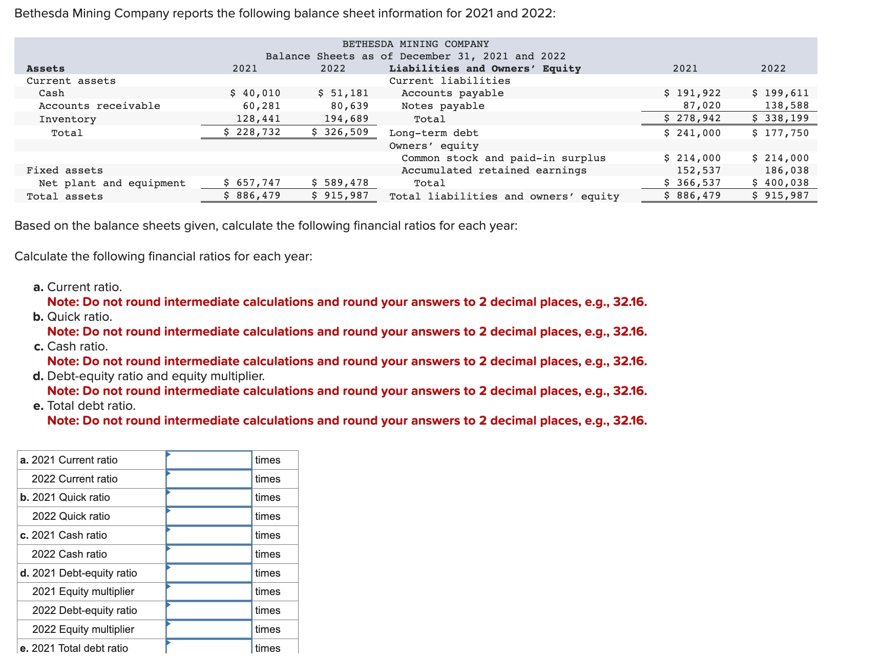 Calculate the following financial ratios for each