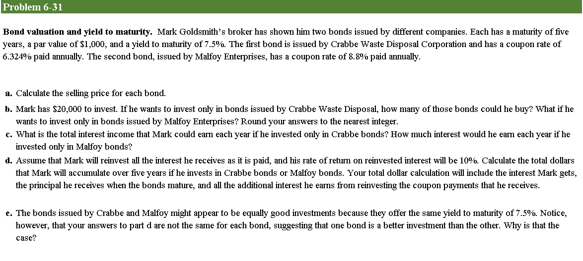 Problem 6 - 3 1 Bond valuation and yield to