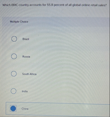 Which BRIC country accounts for 5 5 . 8 percent