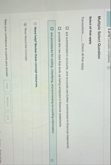 O of 1 3 Concepts completed ( i ) Multiple Select