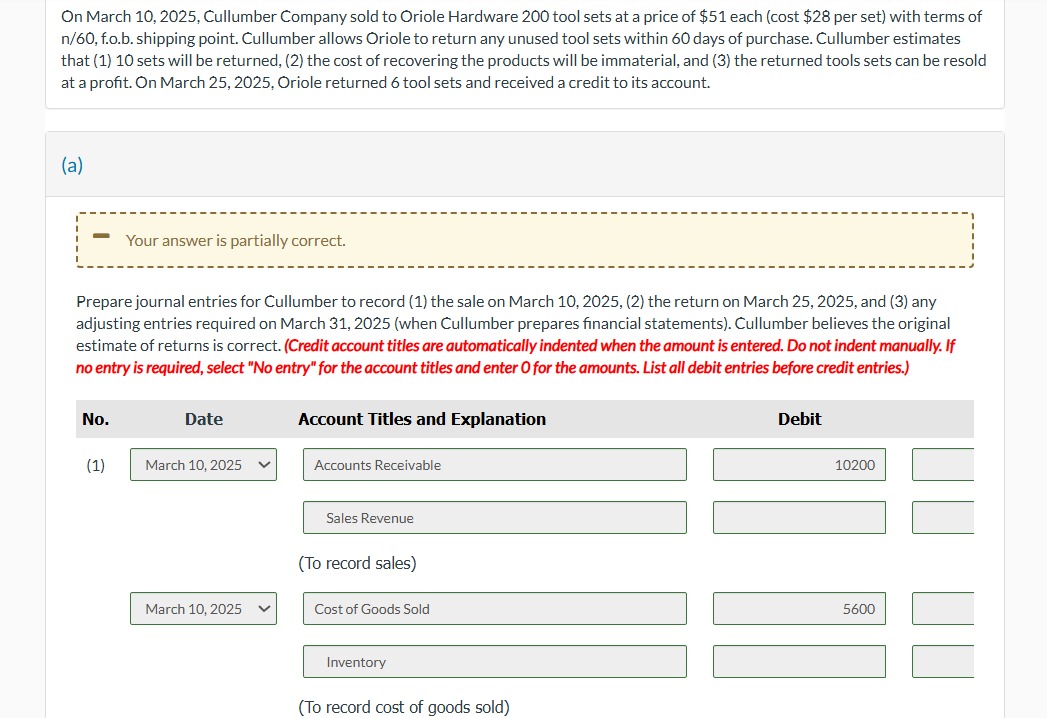 On March 1 0 , 2 0 2 5 , Cullumber Company sold