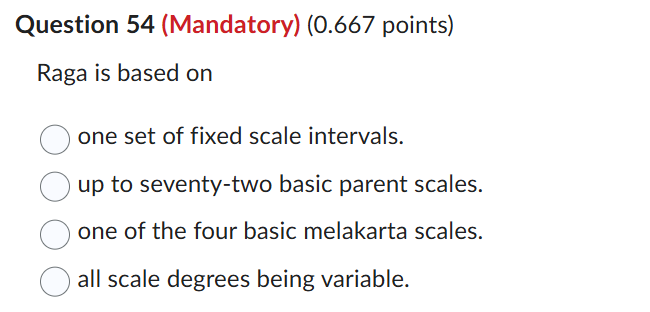 . Question 54 (Mandatory) (0.667 points) Raga is