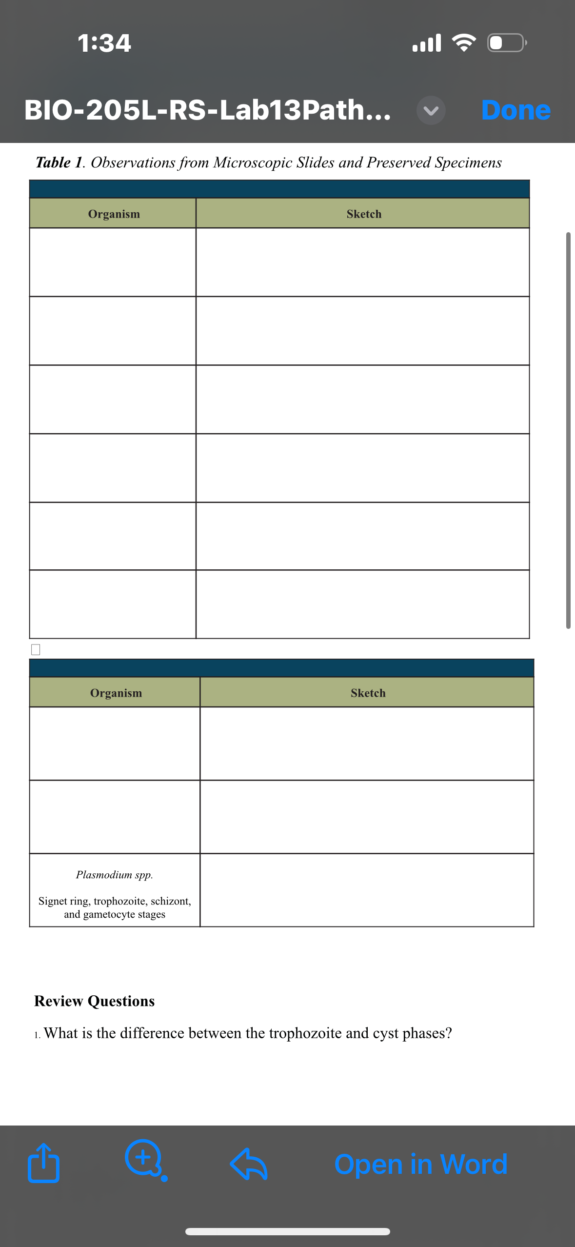1:34 BIO-205L-RS-Lab13Path... V Done Table 1.