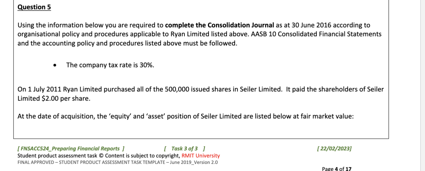 Question 5 Using the information below you are