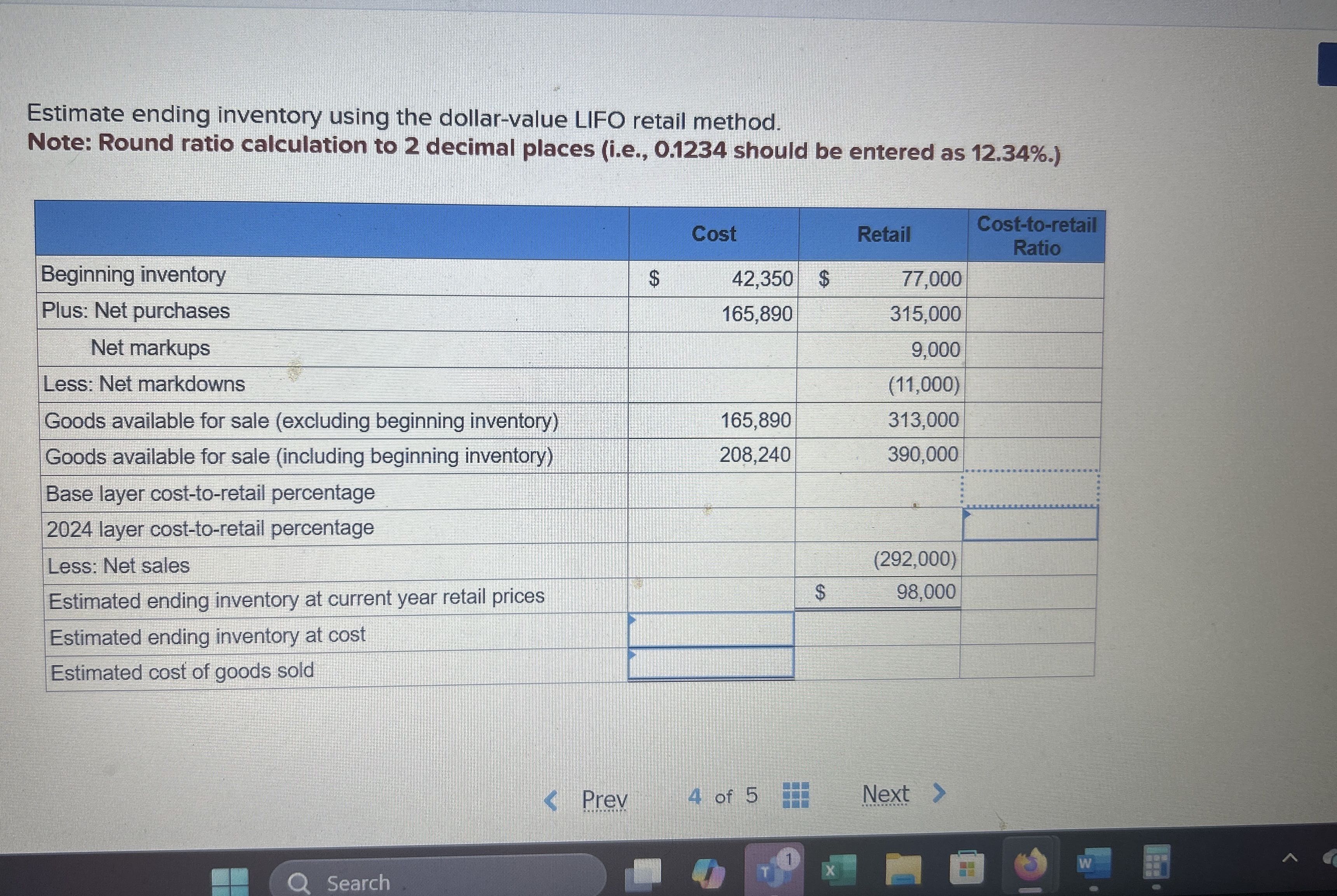 Estimated ending inventory cost Estimate ending