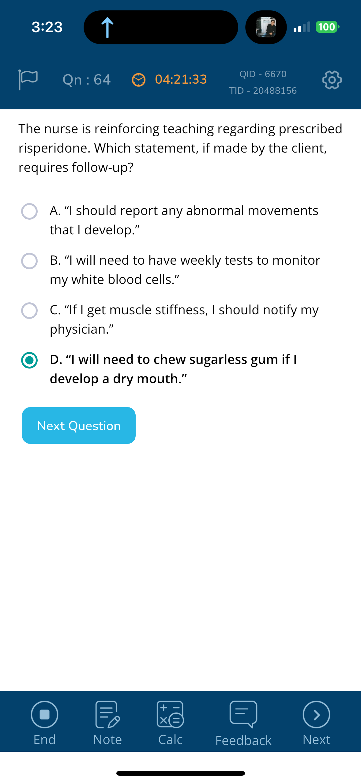 answer 3:23 T 100 On : 64 04:21:33 QID - 6670 TID