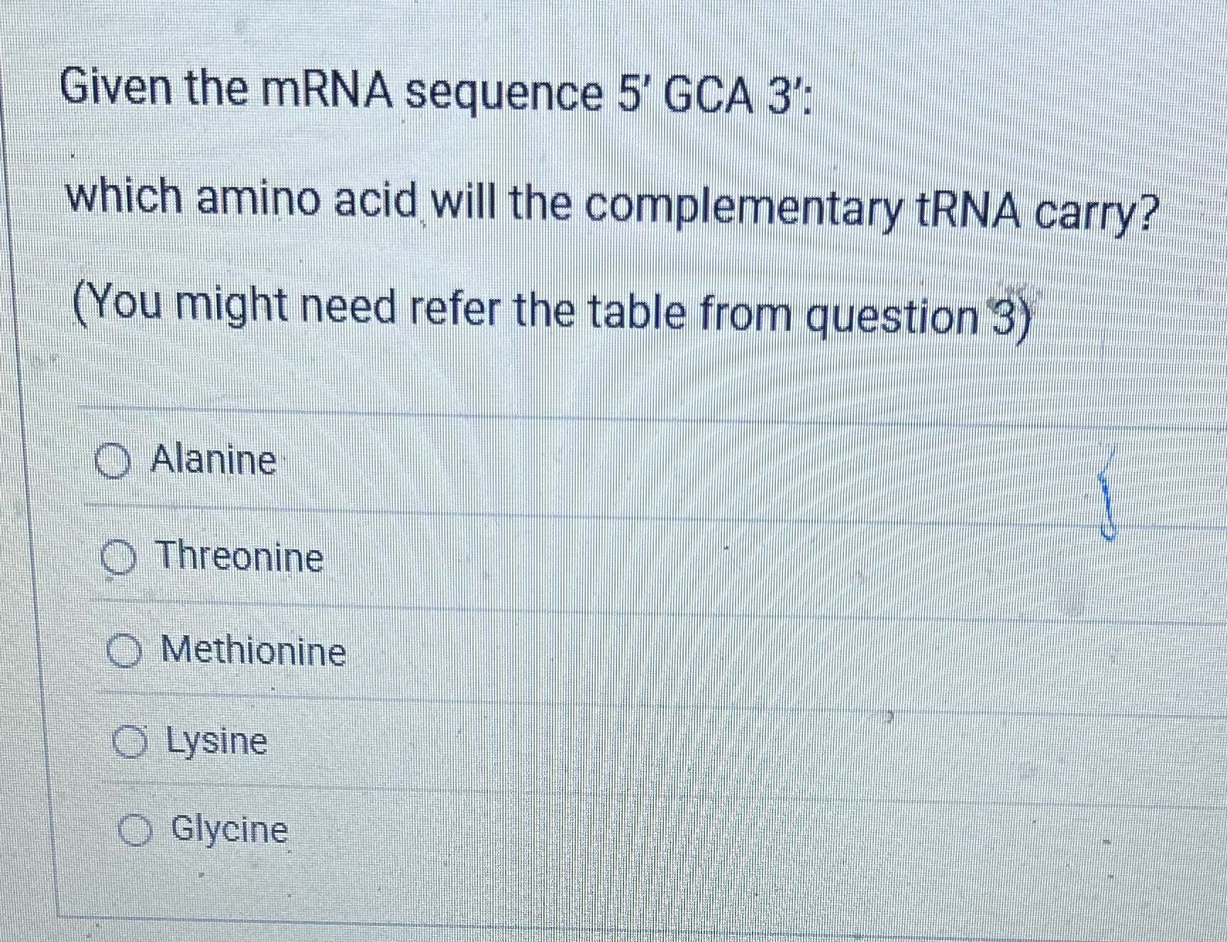 Given the mRNA sequence 5' GCA 3: which