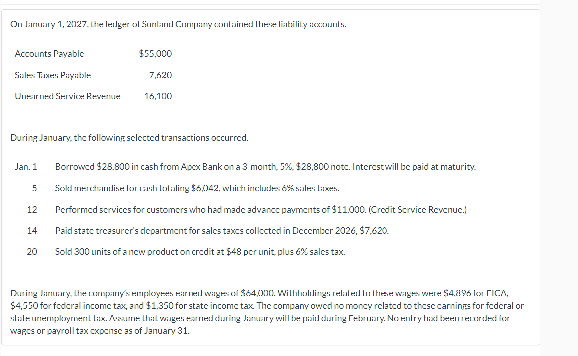 On January 1, 2027, the ledger of Sunland Company