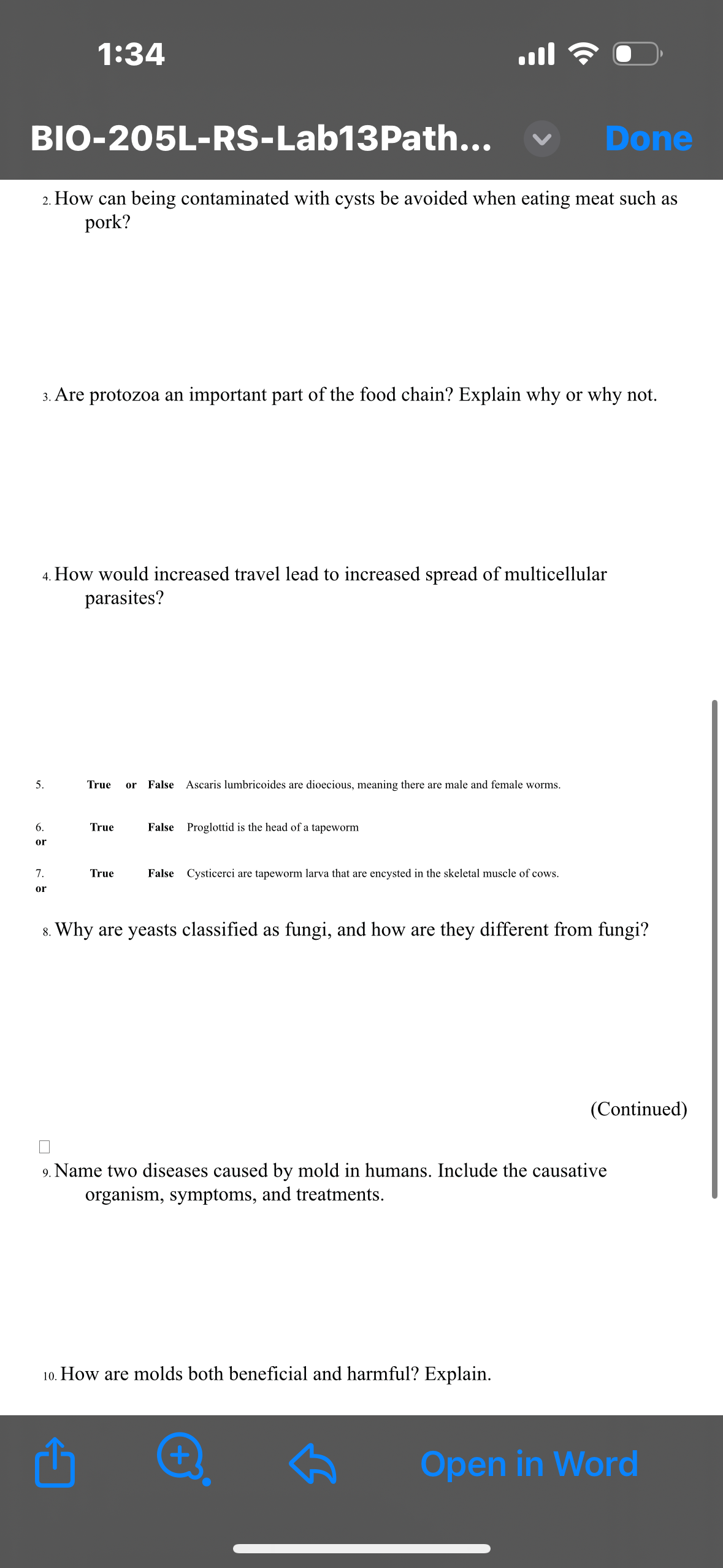 1:34 BIO-205L-RS-Lab13Path... V Done Table 1.