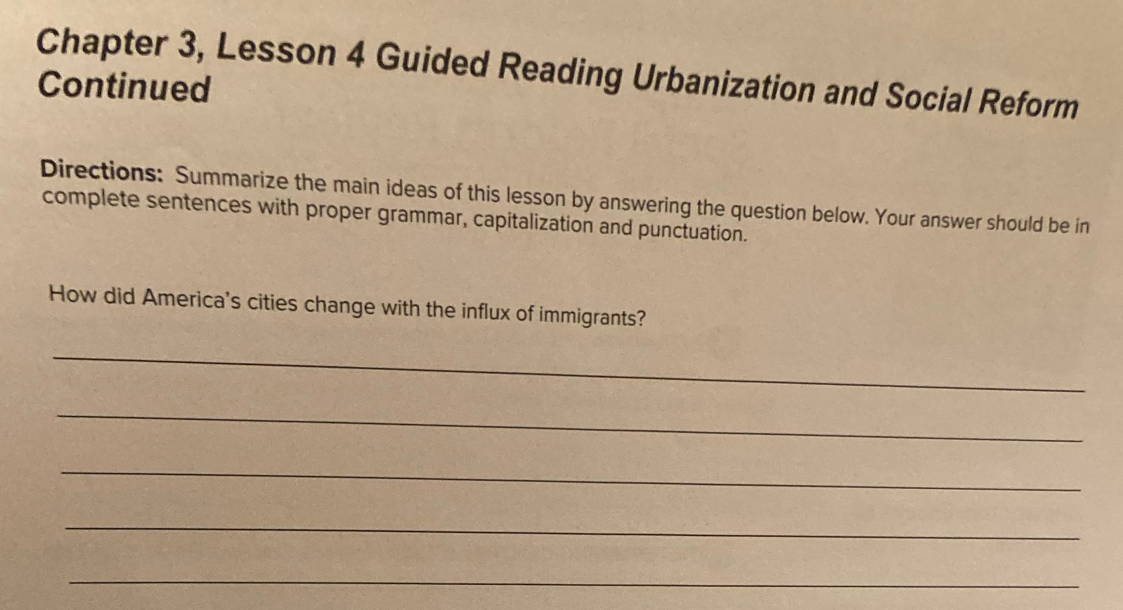 Chapter 3, Lesson 4 Guided Reading Urbanization