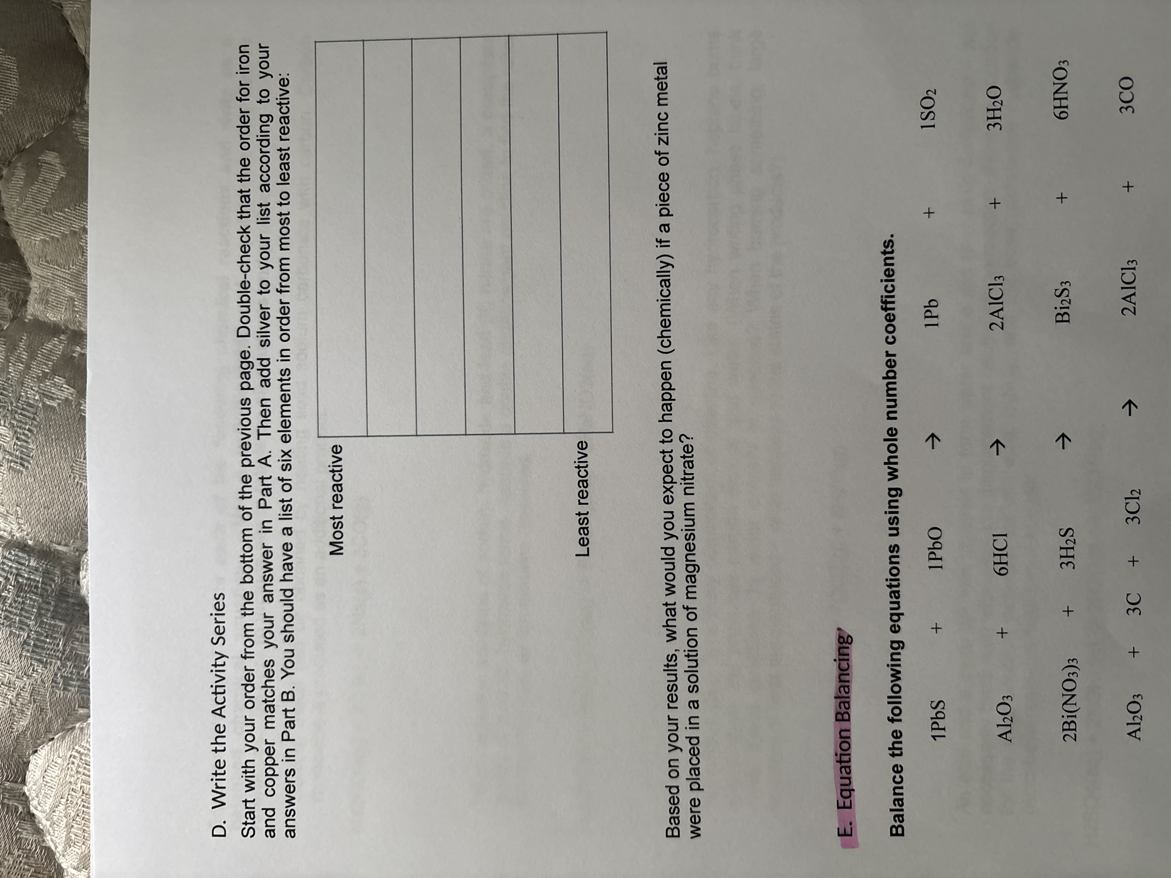 list 6 elements in order D. Write the Activity
