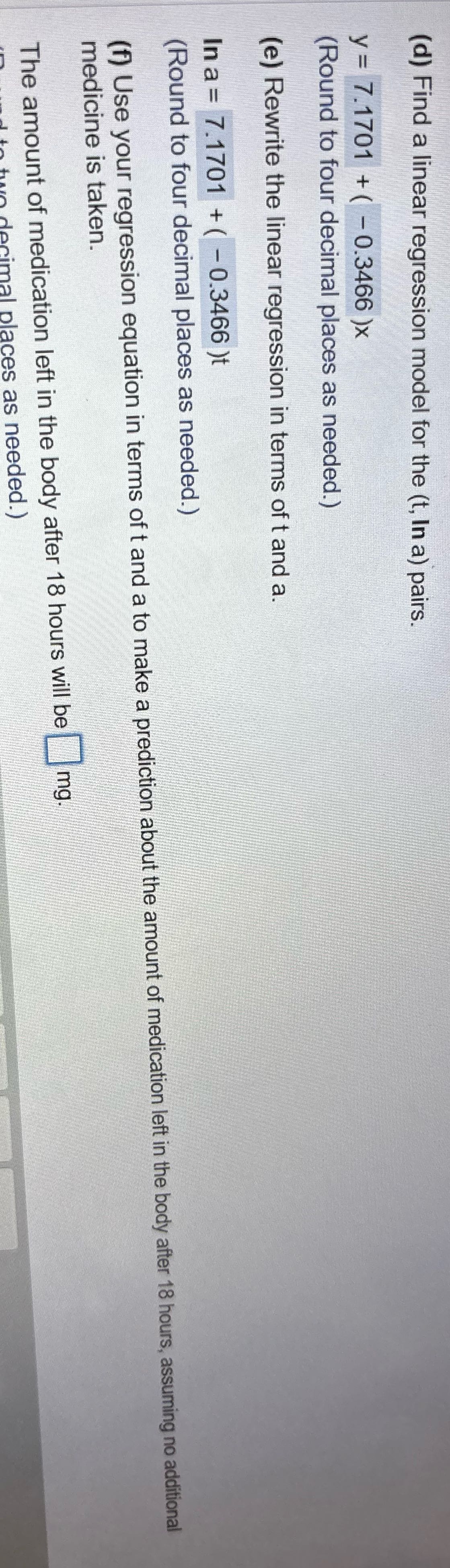 (d) Find a linear regression model for the (t, In