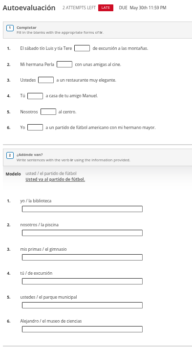 answer Autoevaluation 2 ATTEMPTS LEFT LATE DUE