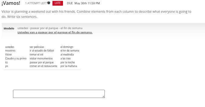 write iVamos! 1 ATTEMPT LEFT LATE DUE May 30th
