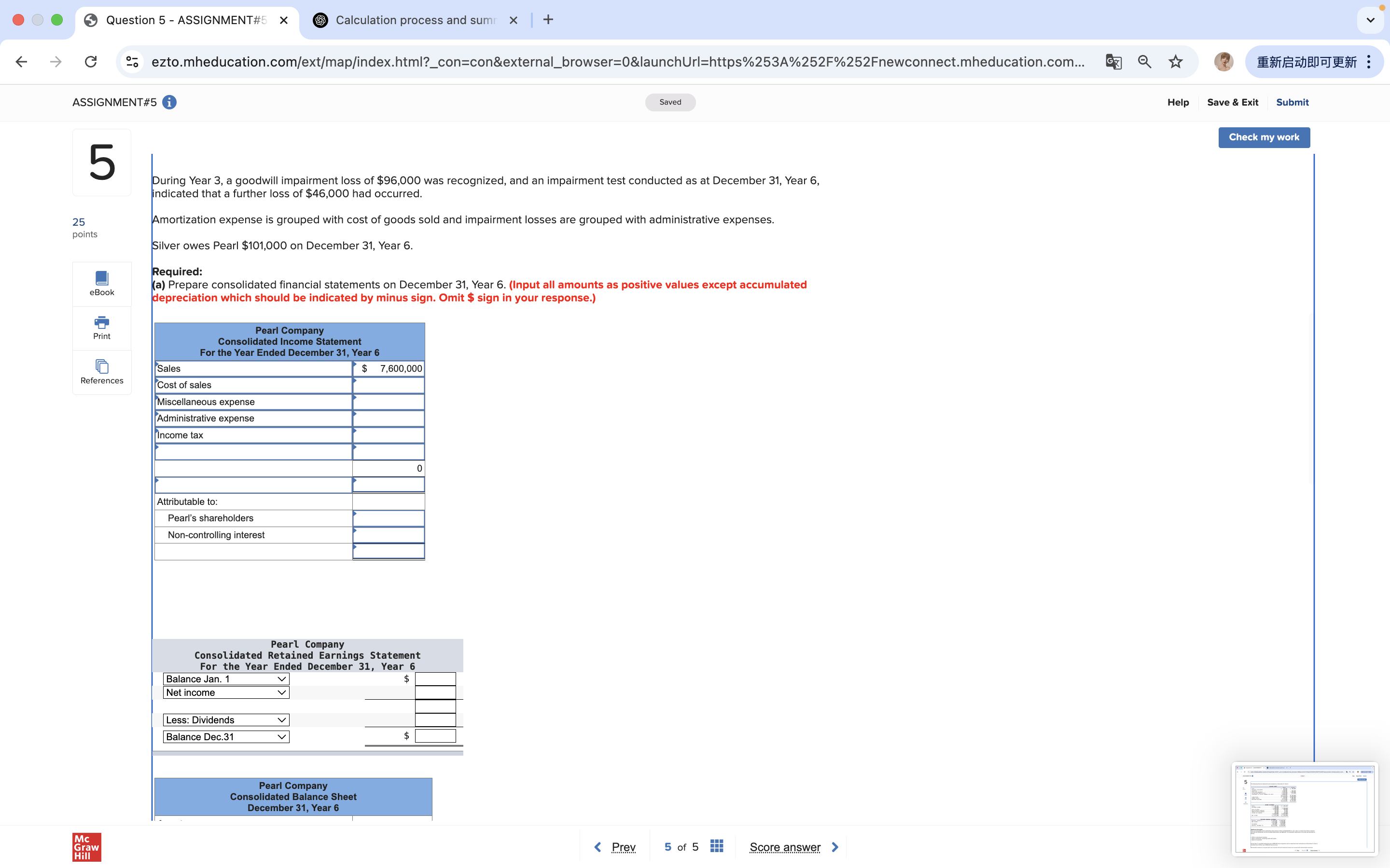 Question 5 - ASSIGNMENT#5 X Calculation process
