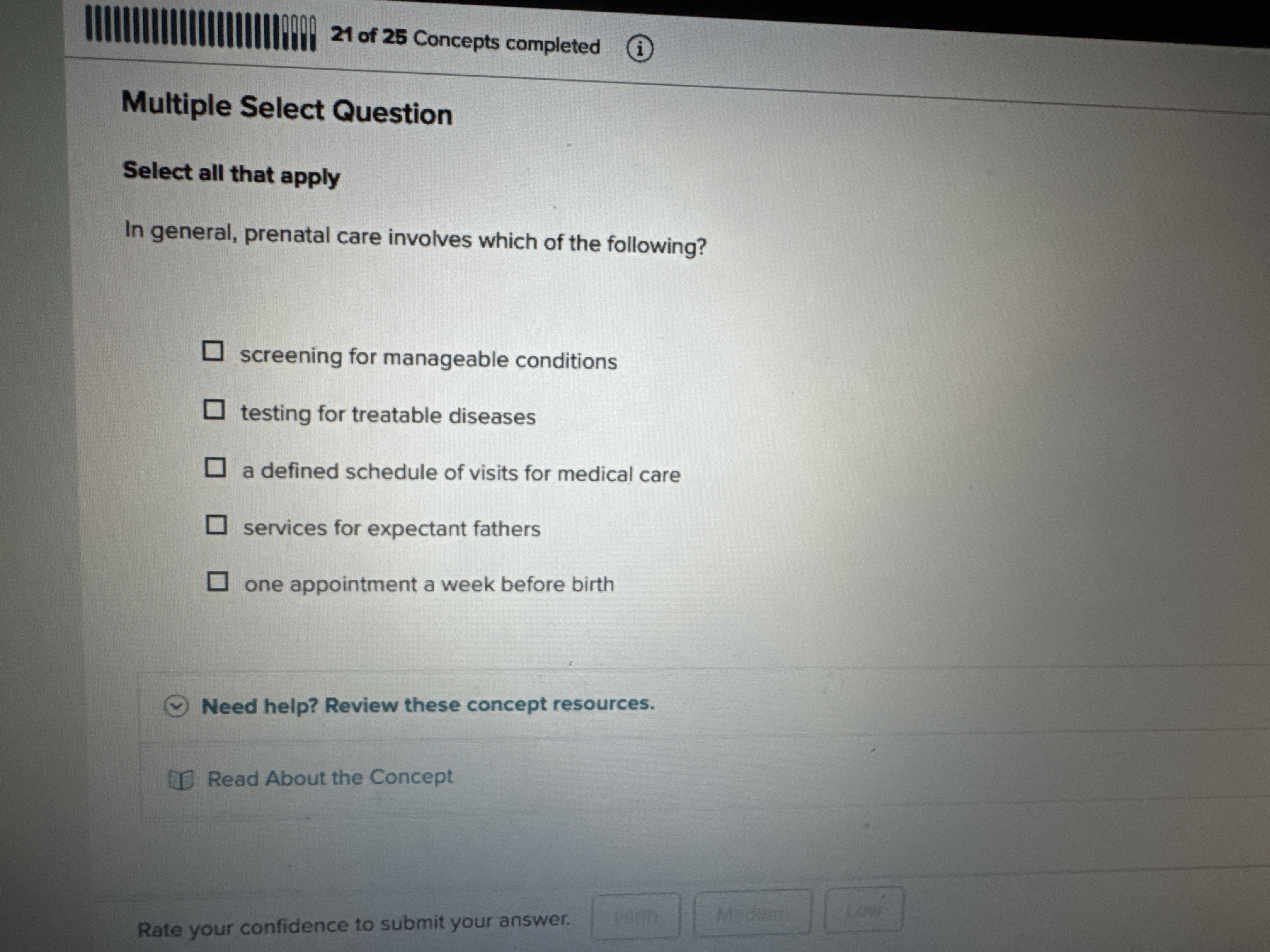 What's the correct answer? 21 of 25 Concepts
