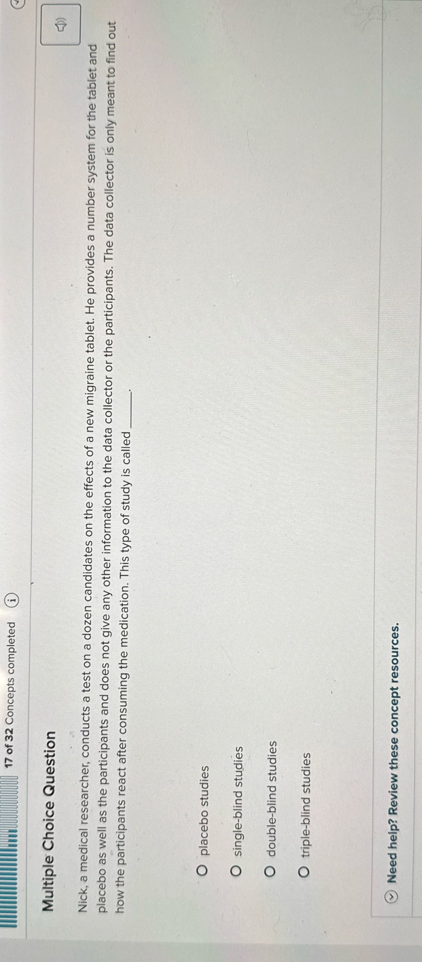17 of 32 Concepts completed Multiple Choice