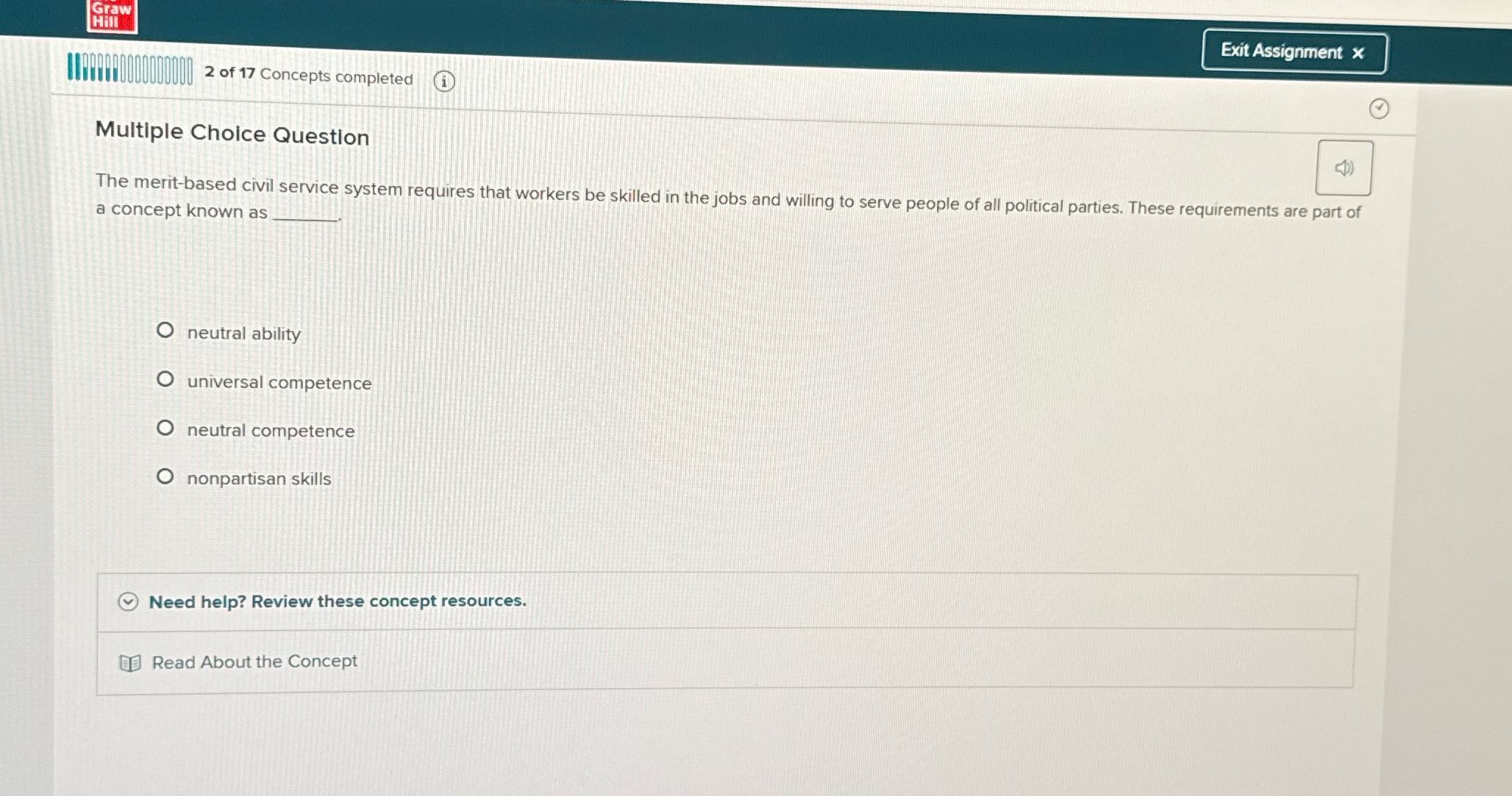 It i 2 of 17 Concepts completed @ Multiple Choice