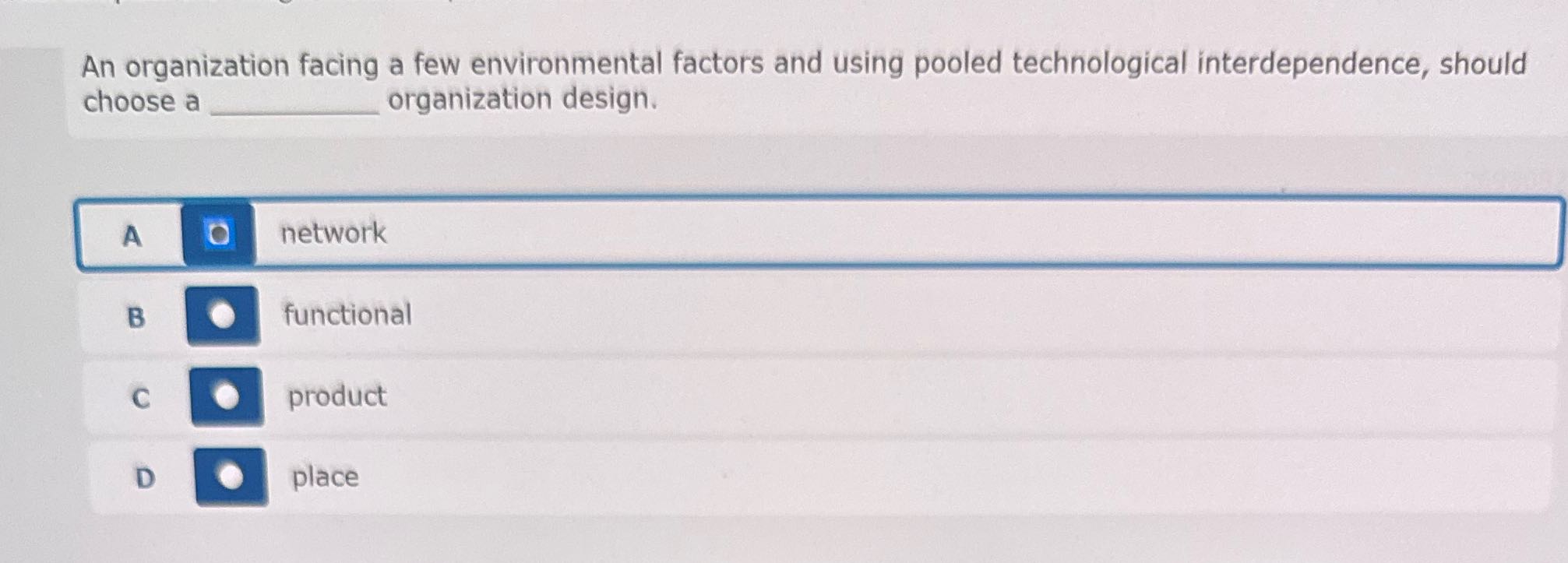 correct answer An organization facing a few