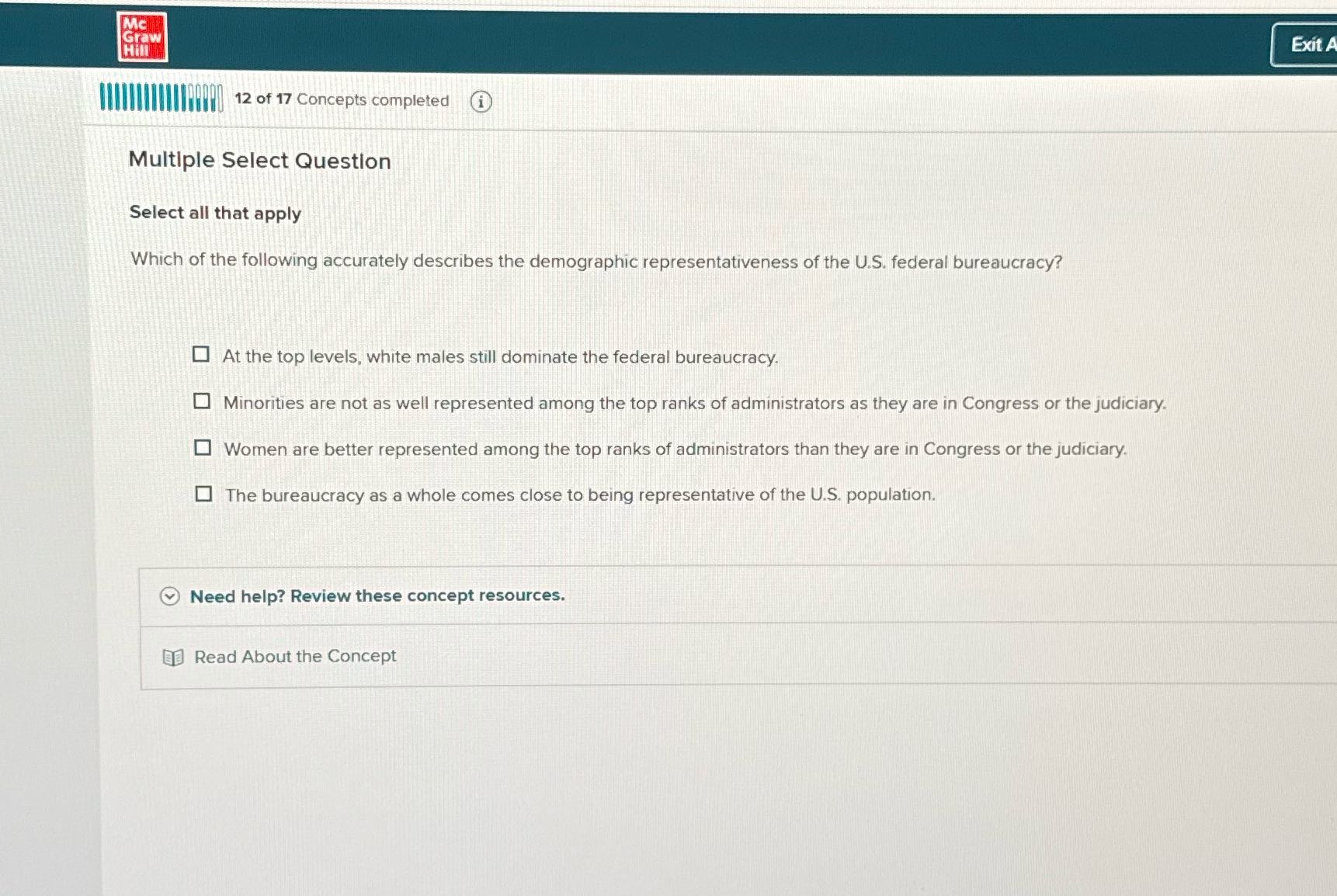 a 12 of 17 Concepts completed (i) Multiple Select