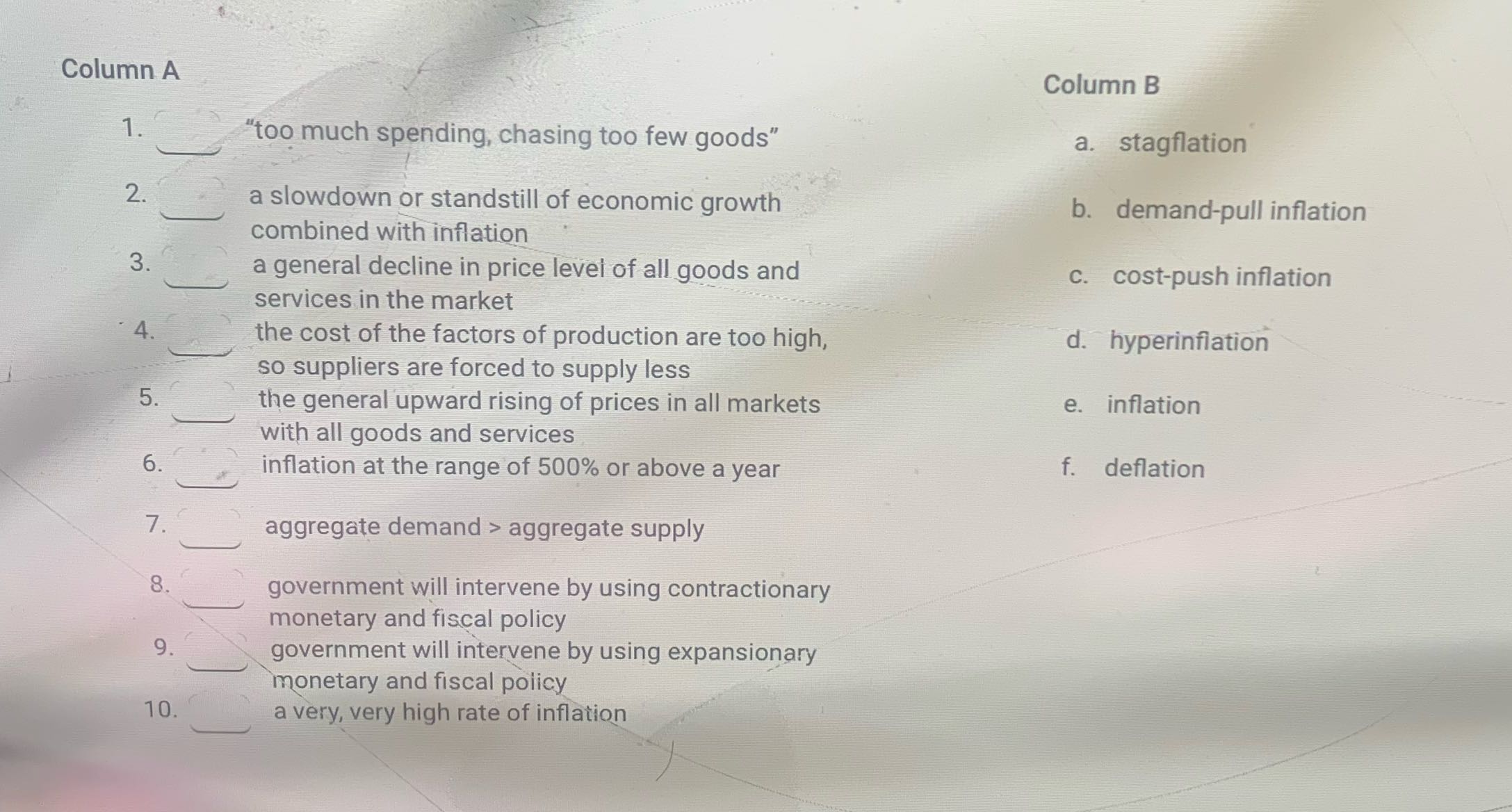Column A Column B 1. "too much spending, chasing
