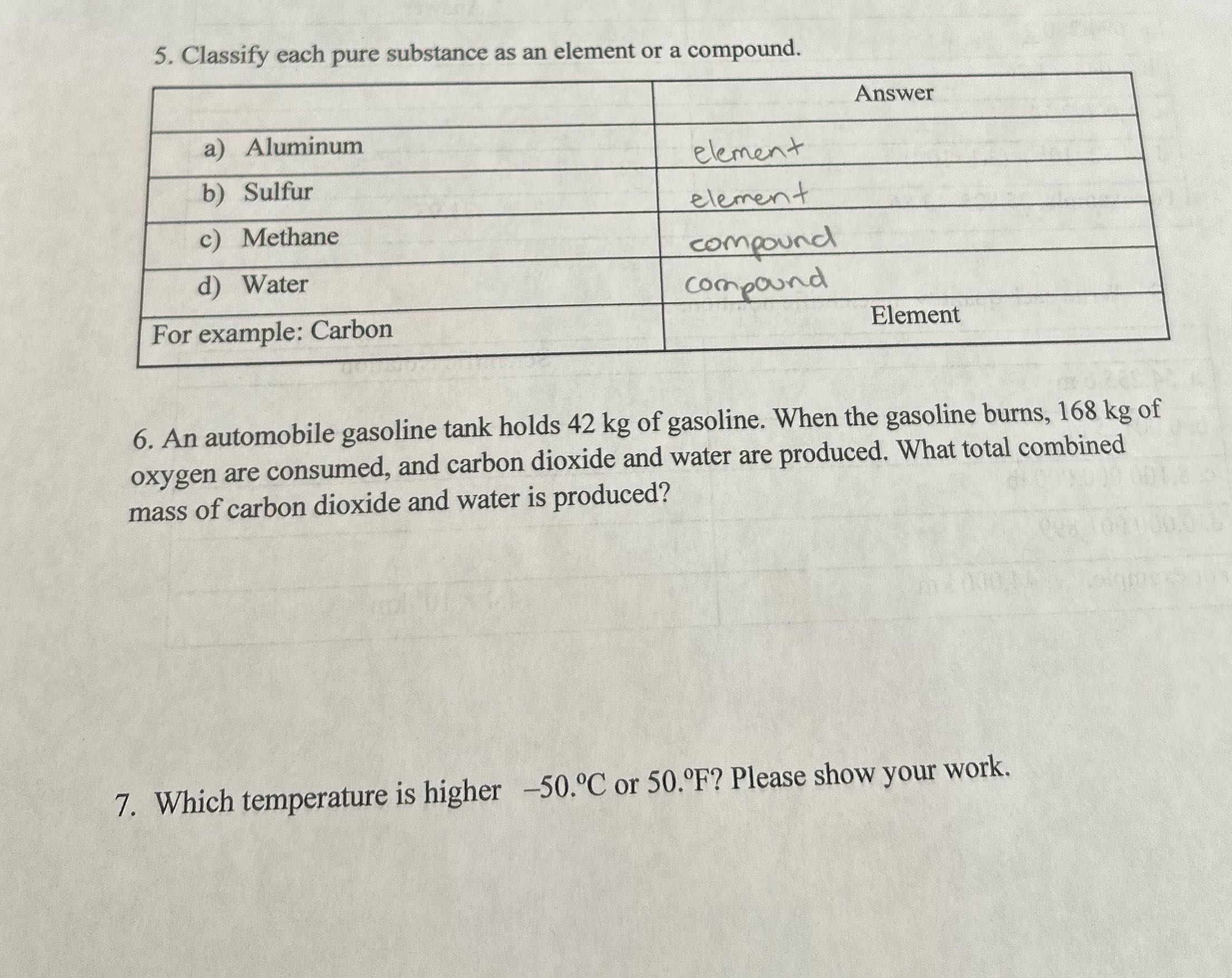 5. Classify each pure substance as an element or