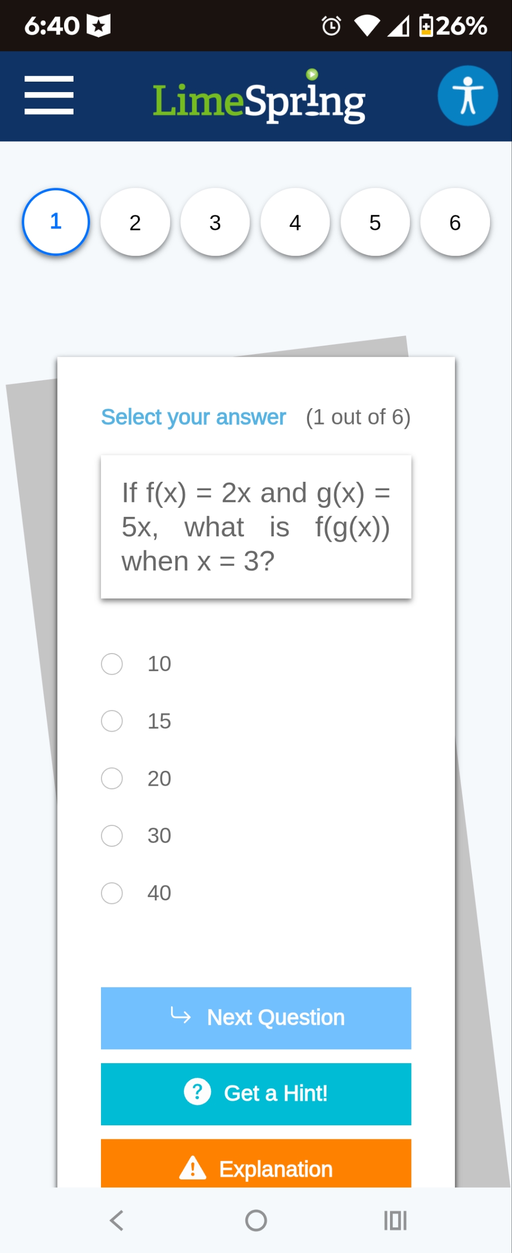 6:40 1 826% E LimeSpring 1 2 3 4 5 6 Select your
