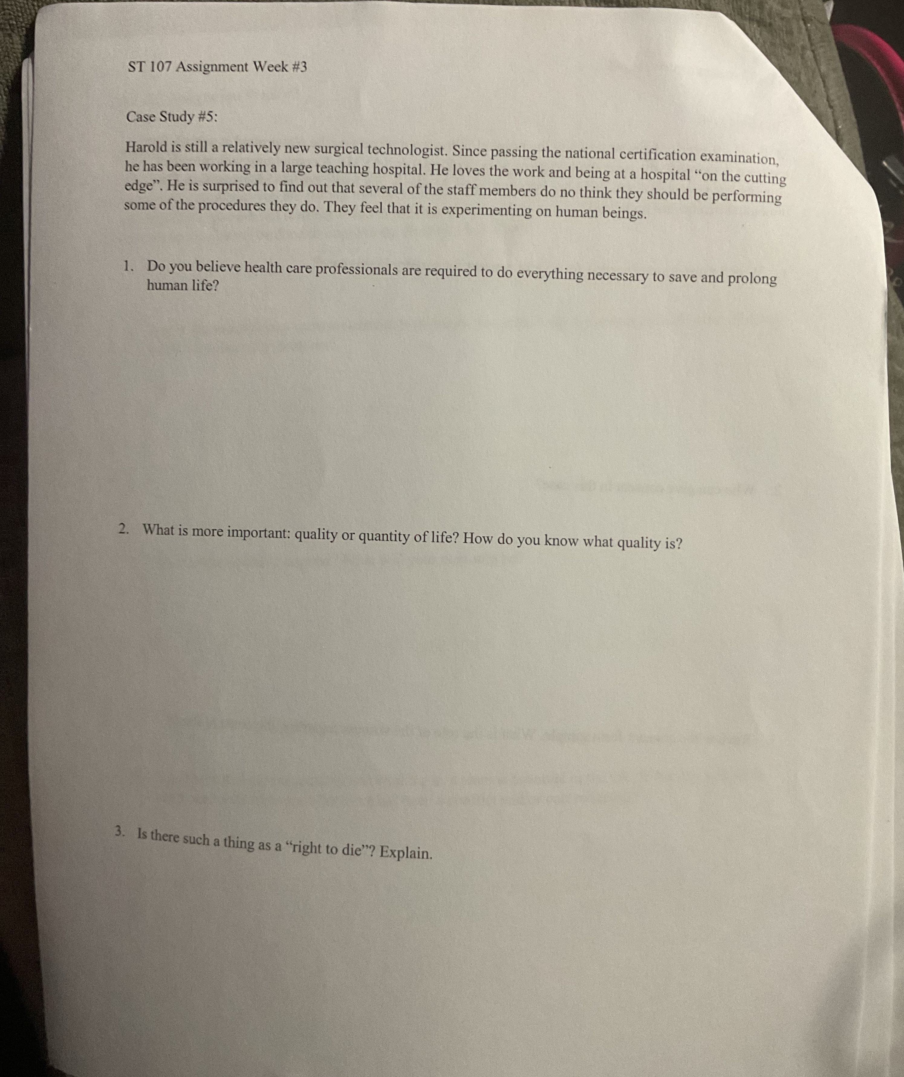 ST 107 Assignment Week #3 Case Study #5: Harold