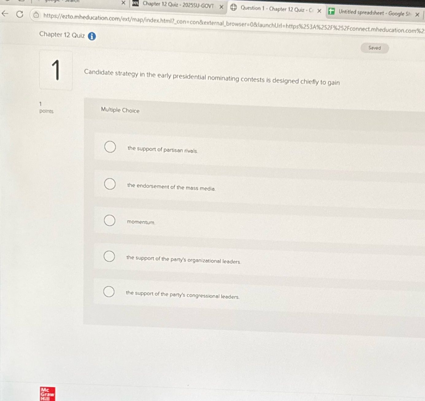 Dat Chapter 12 Quiz - 2025SU-GOVT * @ Question 1