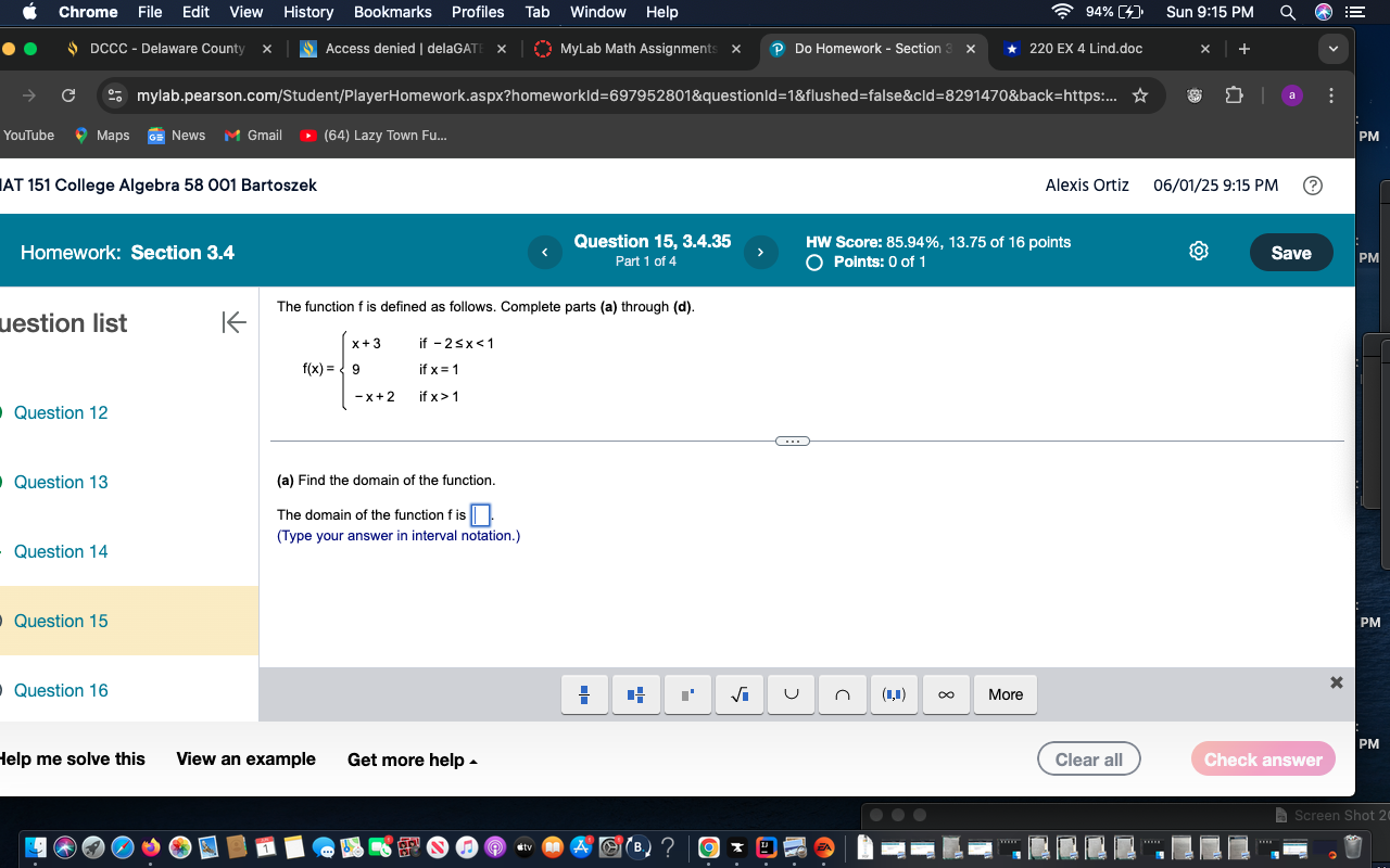 domain range and intercepts Chrome File Edit View