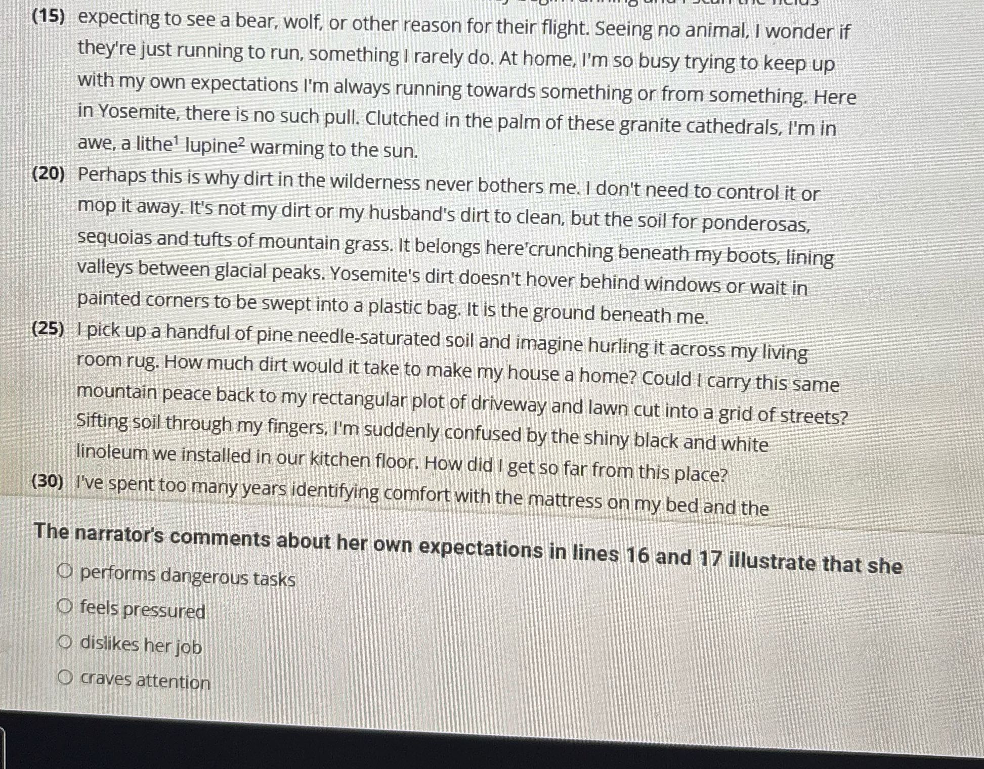 (15) expecting to see a bear, wolf, or other