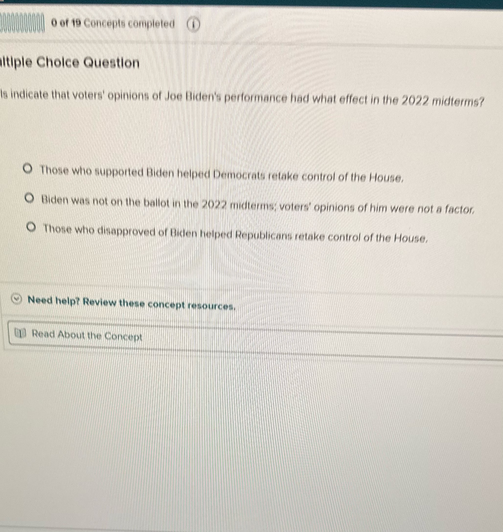 2010010 or 19 Concepts completed iltiple Choice