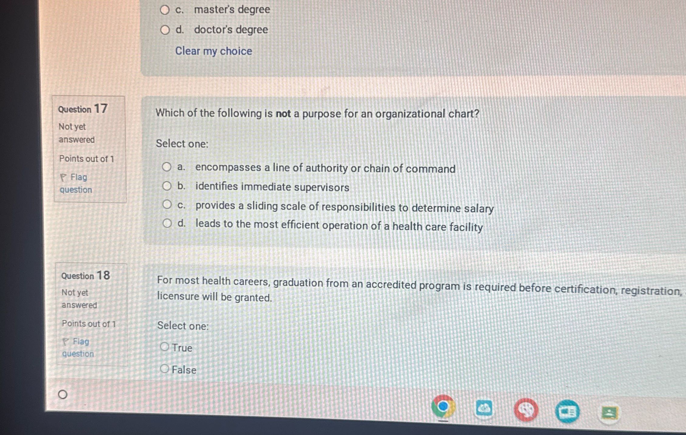 c. masters degree d. doctor's degree Clear