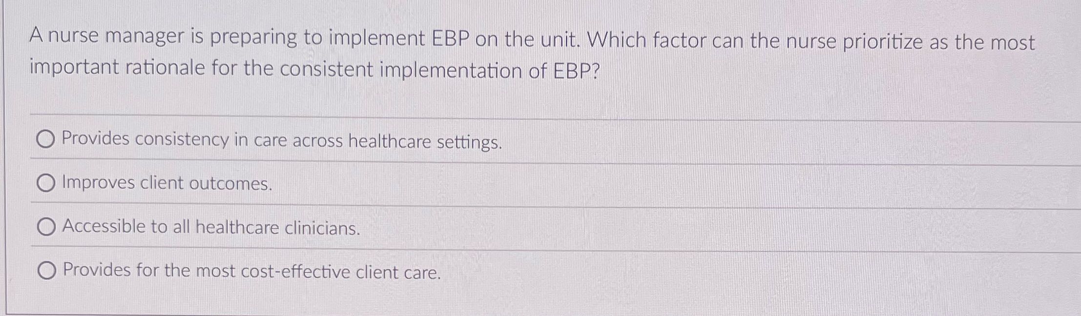A nurse manager is preparing to implement EBP on