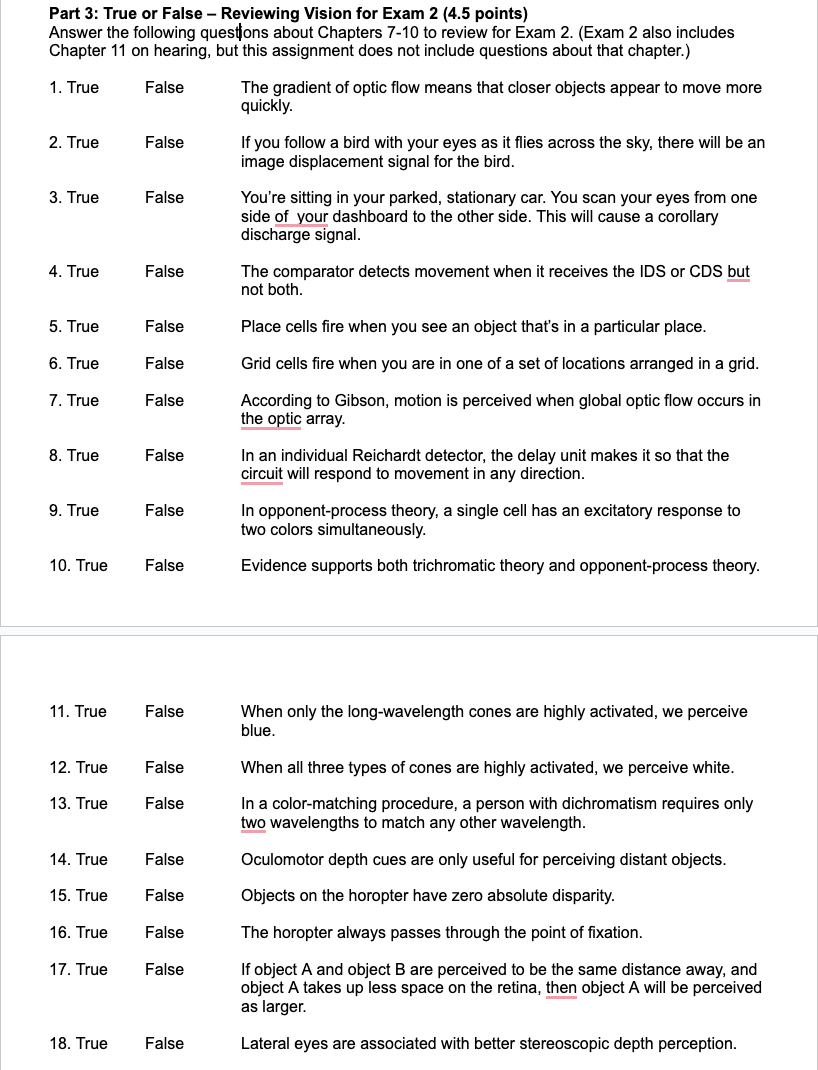 answer Part 3: True or False - Reviewing Vision