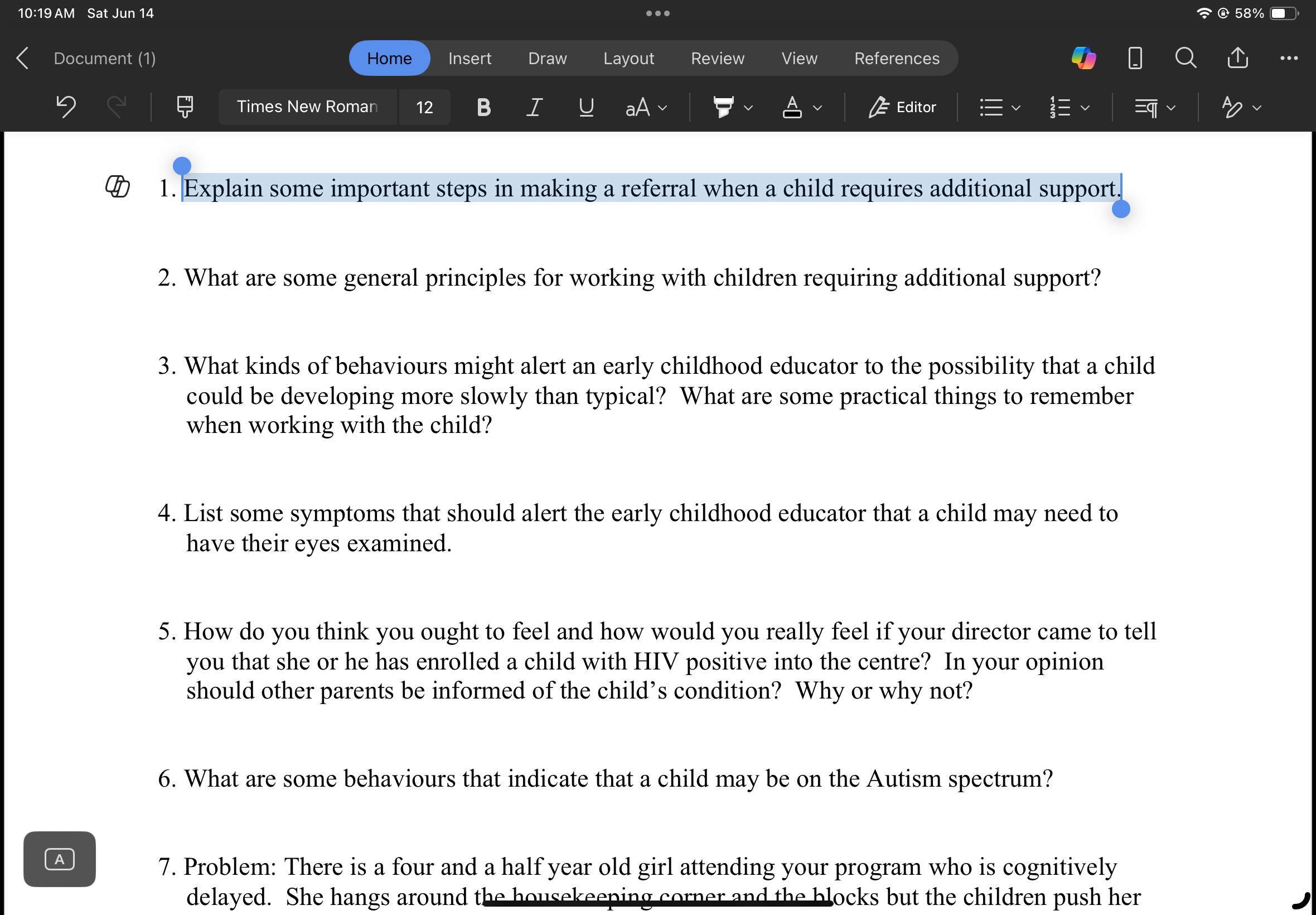 10:19 AM Sat Jun 14 58% Document (1) Home Insert