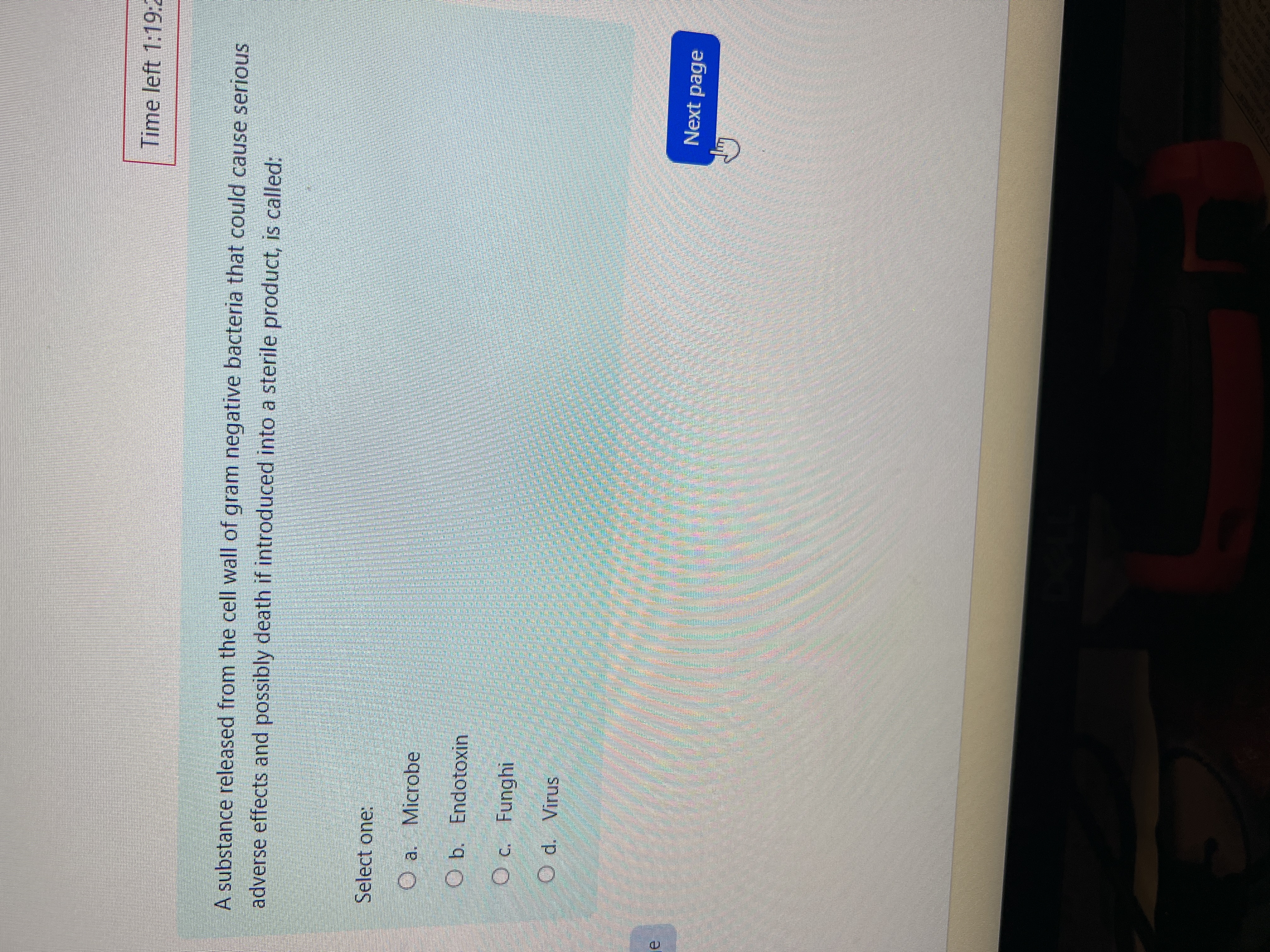 Answer Time left 1:19 A substance released from