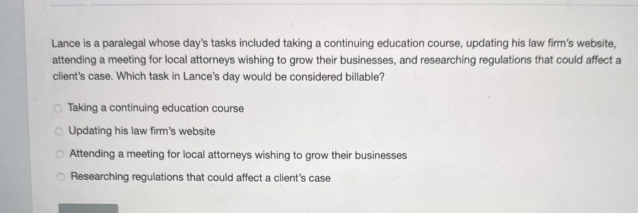Lance is a paralegal whose day's tasks
