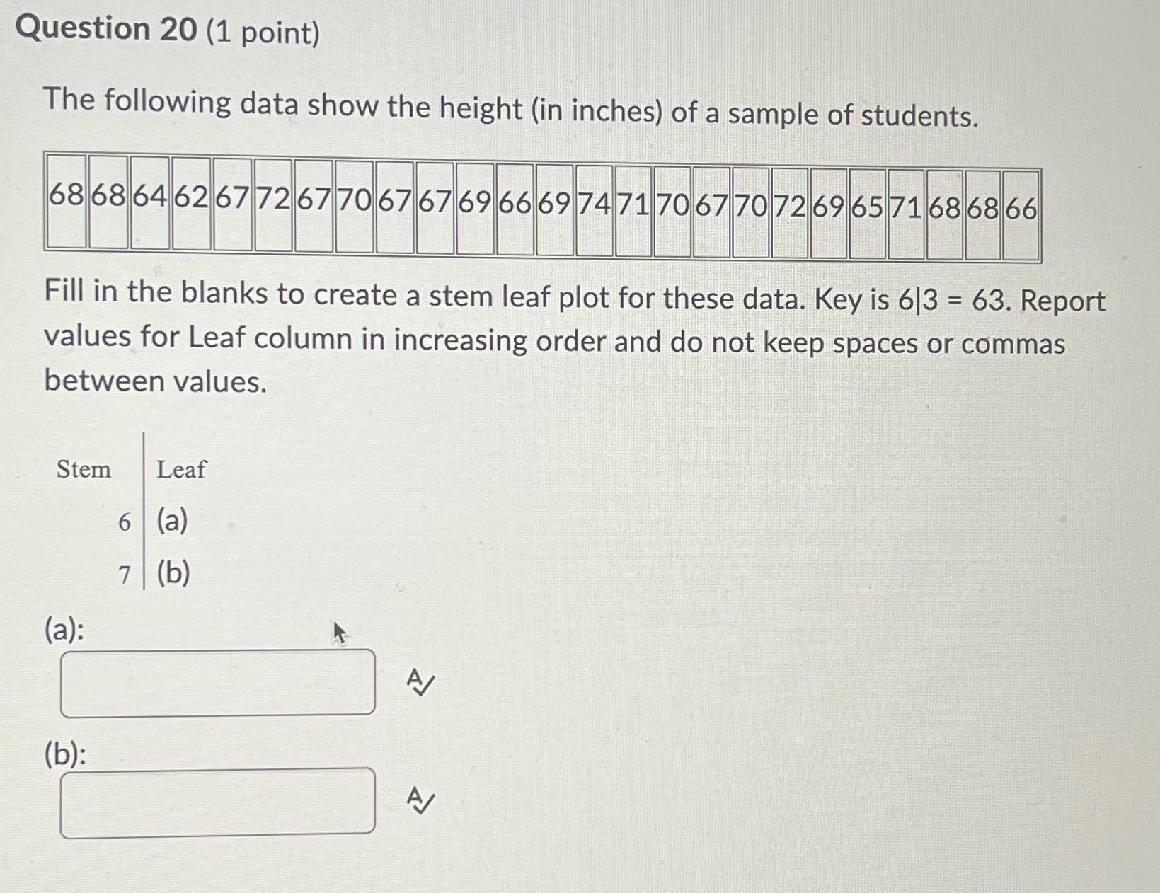 Question 20 (1 point) The following data show the