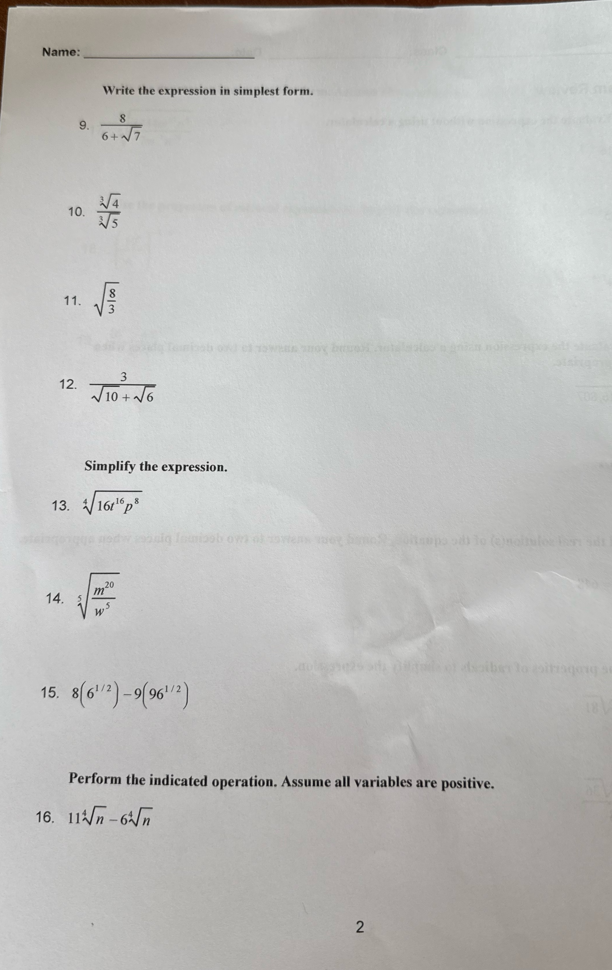 please answer all questions and show work. Thanks