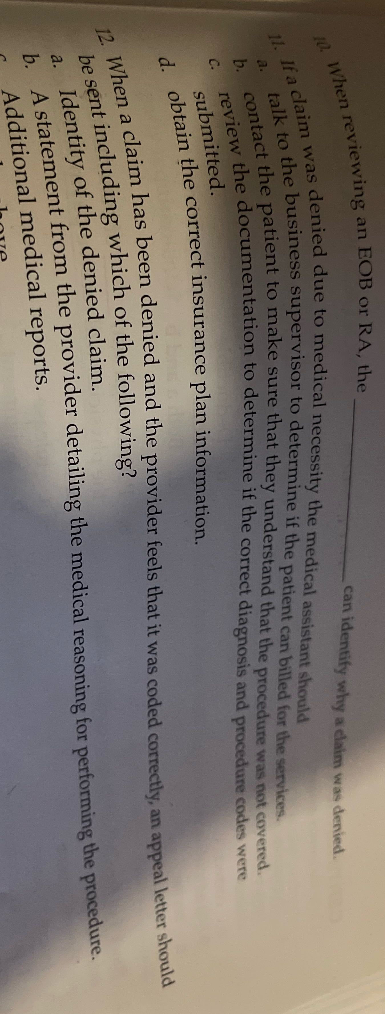 10. When reviewing an EOB or RA, the If a claim
