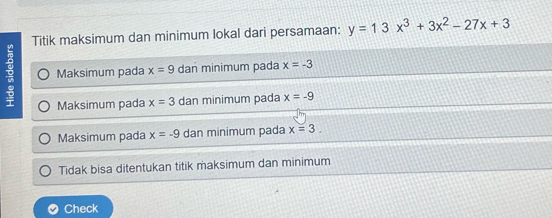 Titik maksimum dan minimum lokal dari persamaan: