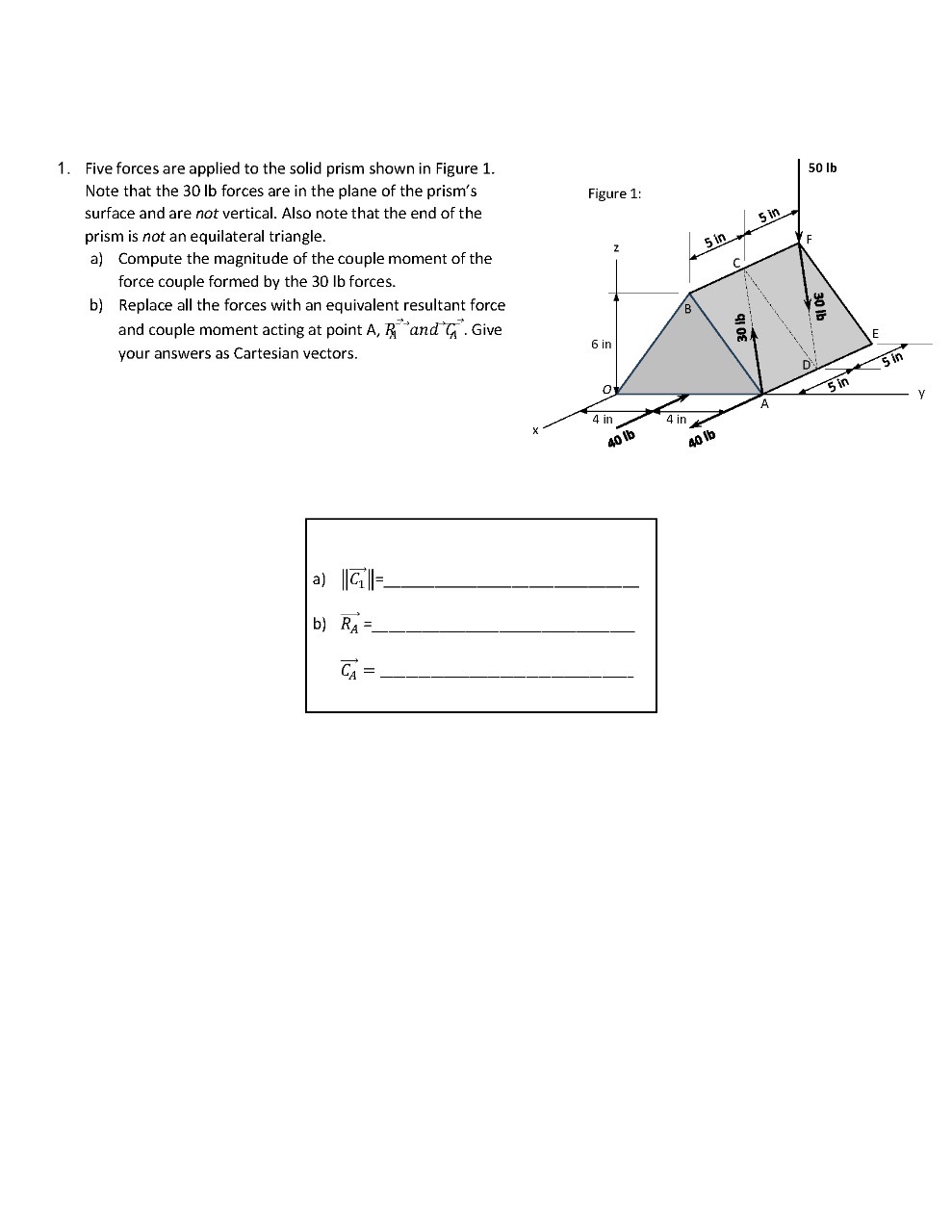 Five forces are applied ta the solid prism shown