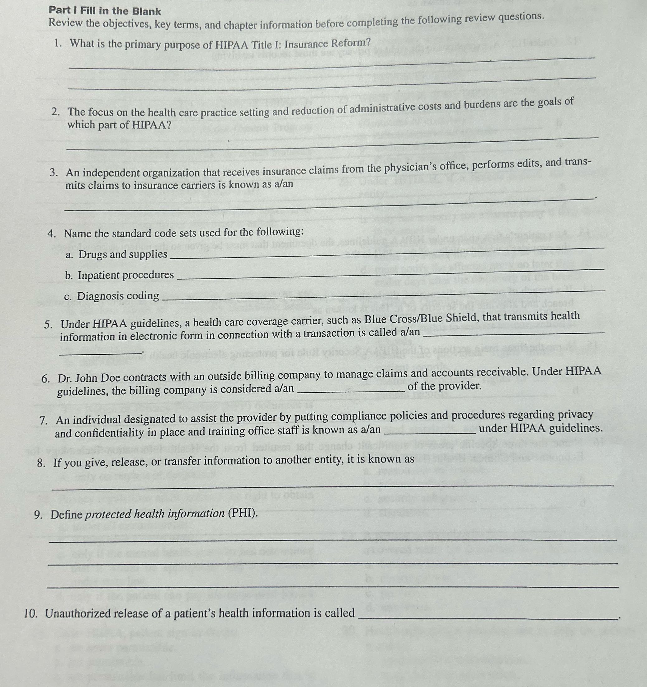 Part I Fill in the Blank Review the objectives,