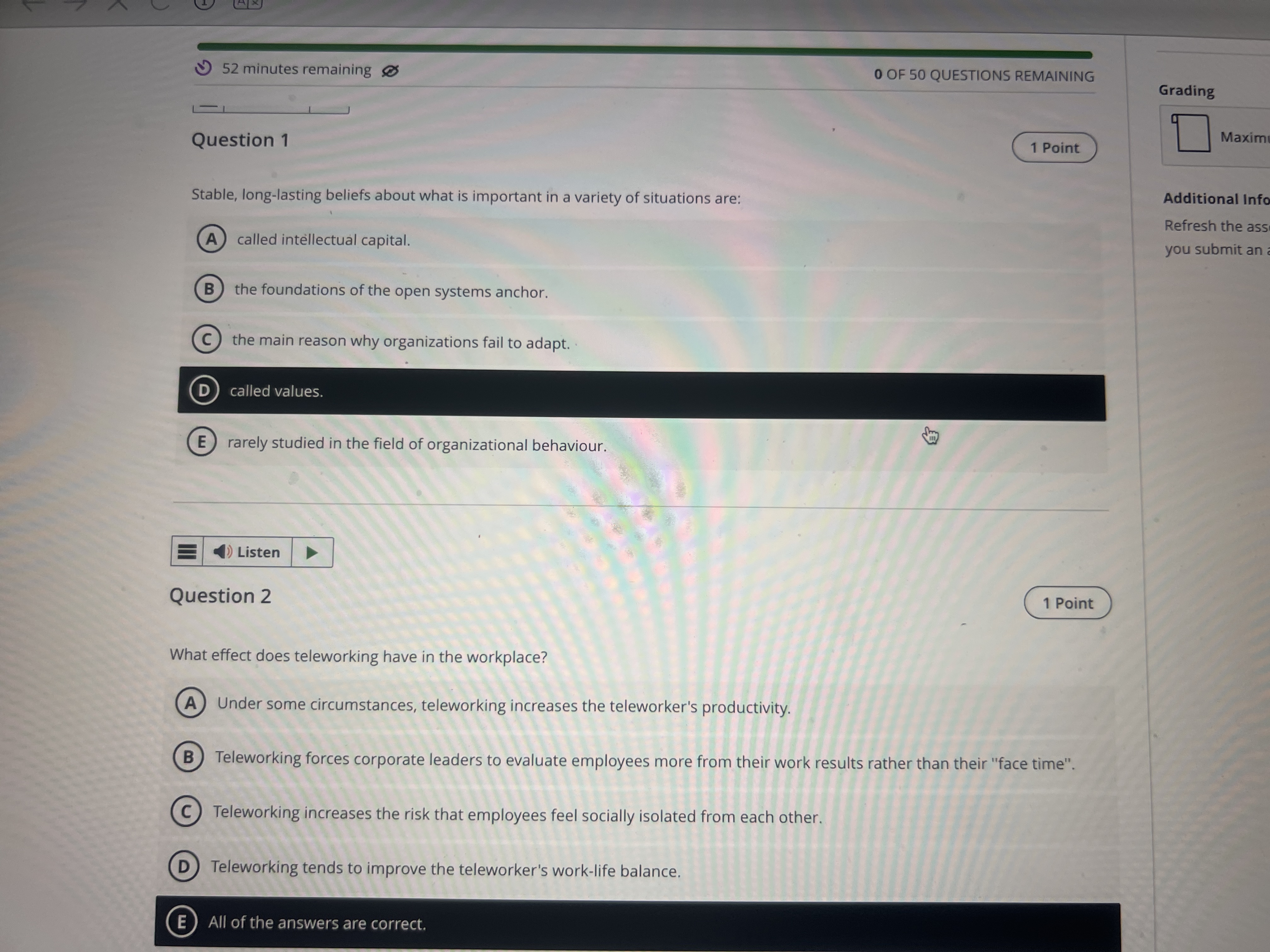 9 52 minutes remaining O OF 50 QUESTIONS